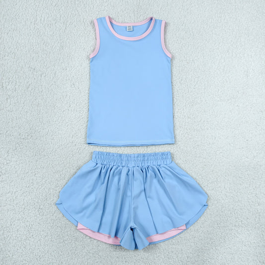 Baby Girls Blue Sleeveless Vests Top Butterfly Short Yoga Active Clothes Set