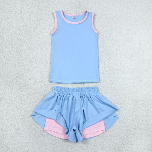 Baby Girls Blue Sleeveless Vests Top Butterfly Short Yoga Active Clothes Set
