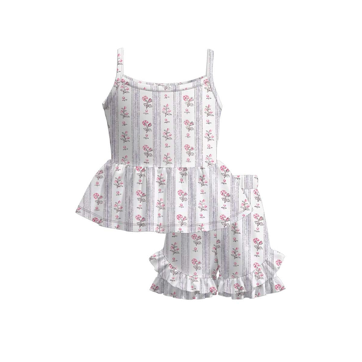 Baby Girls Strap Pink Flowers Stripe Tunic Ruffle Short Clothes Sets Preorder