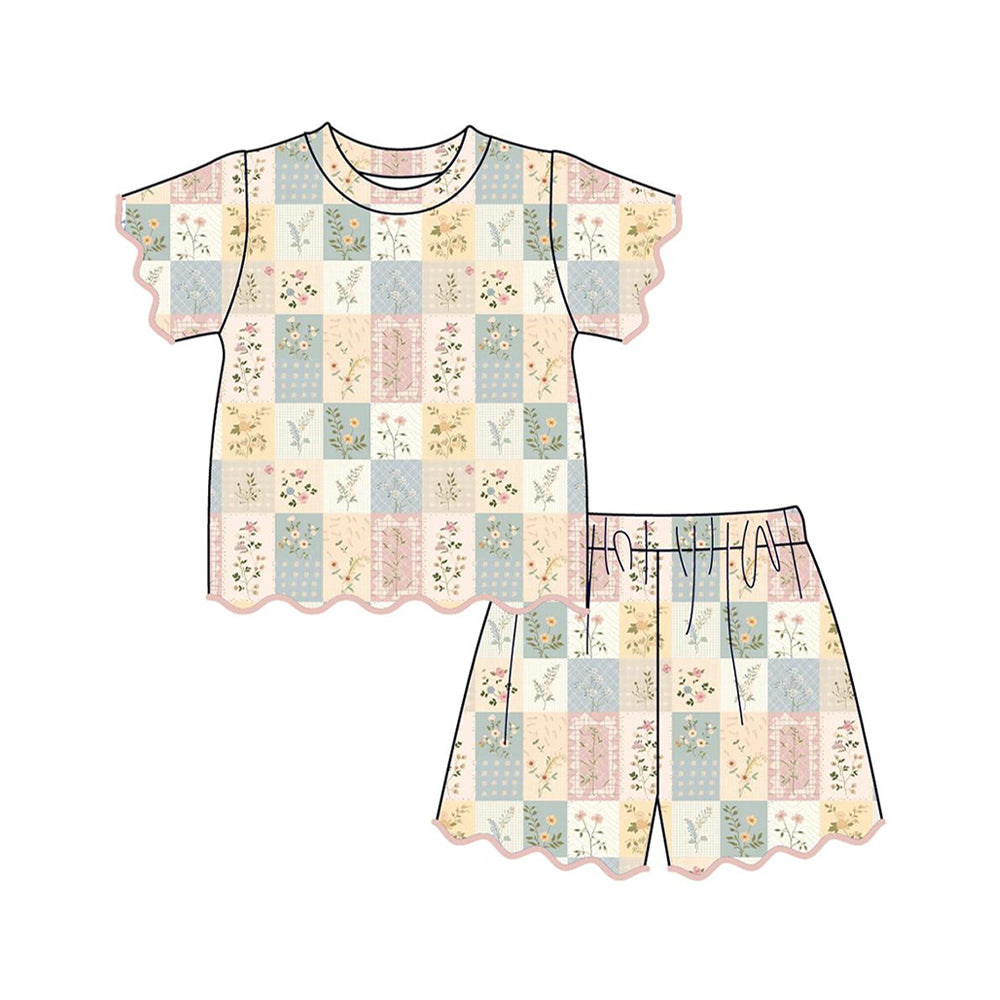 Baby Girls Colorful Flowers Checked Top Scallop Short Clothes Sets Preorder