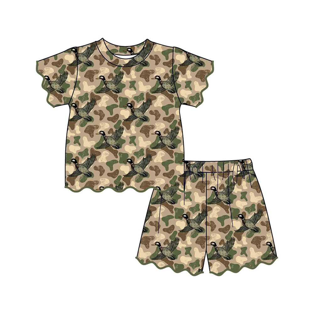 Baby Girls Southern Green Camo Ducks Top Scallop Short Hunting Clothes Sets Preorder