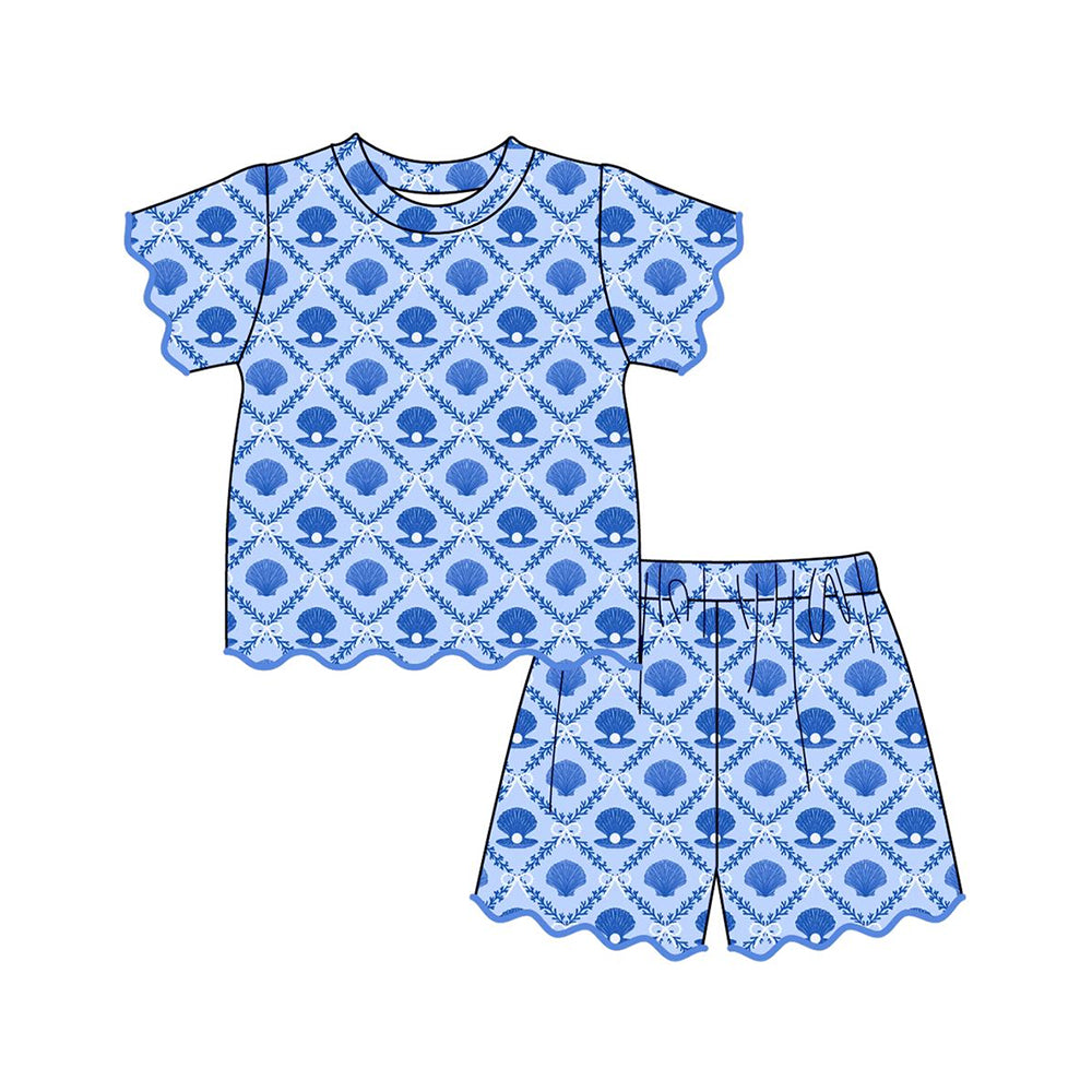 Baby Girls Blue Shells Bows Checked Top Scallop Short Clothes Sets Preorder