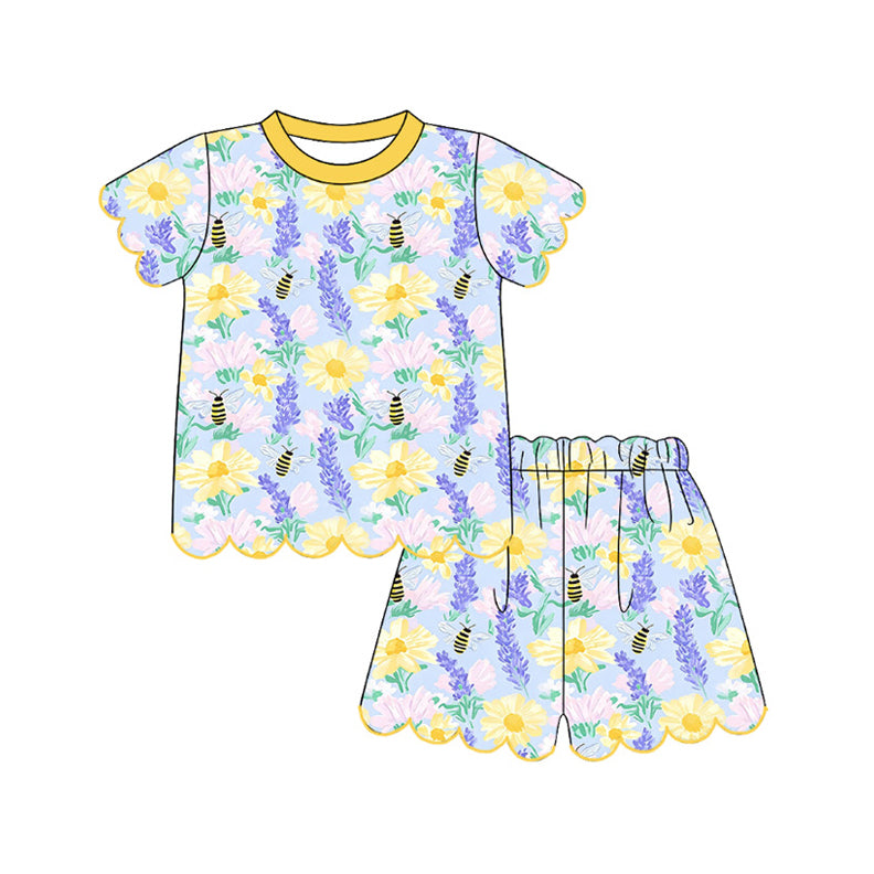 Baby Girls Colorful Flowers Bees Top Scallop Short Clothes Sets Preorder