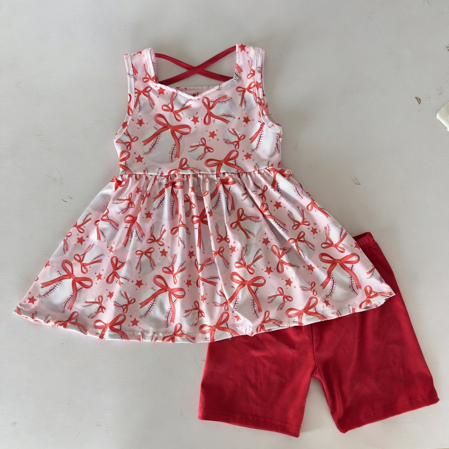 Baby Girls Sleeveless Bow Baseballs Stars Tunic Short Team Clothes Sets Preorder