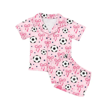 Baby Girls Bow Football Stars Button Top Short Team Pajamas Sets Preorder