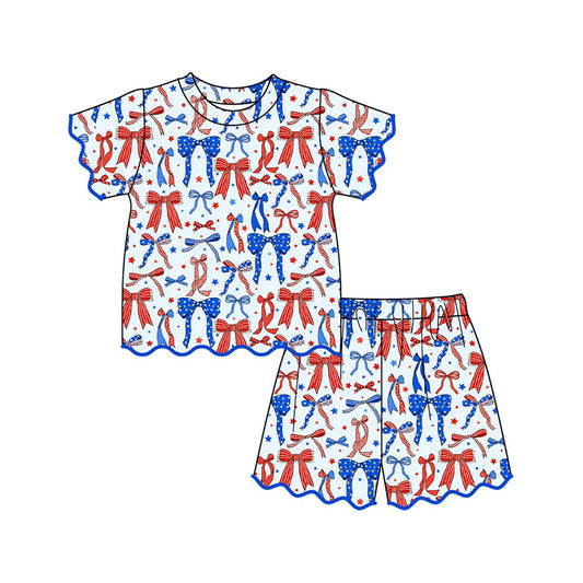 Baby Girls Red Blue Bow Stars Top Pockets Short 4th of July Scallop Clothes Sets Preorder