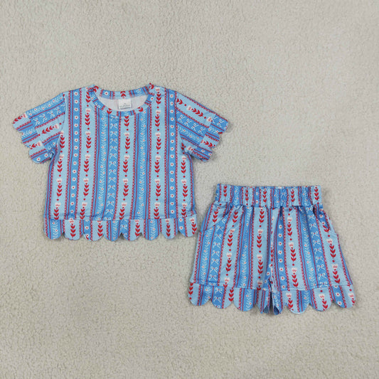 Baby Girls Bows Flowers Stripe Top Pockets Short Scallop Clothes Sets