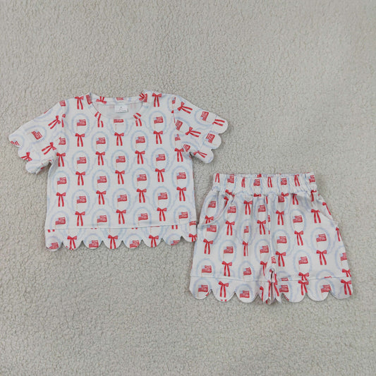 Baby Girls Flag Bows Checked Top Pockets Short 4th of July Scallop Clothes Sets
