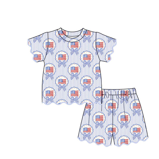 Baby Girls Bows Flags Checked Top Pockets Short 4th of July Scallop Clothes Sets Preorder
