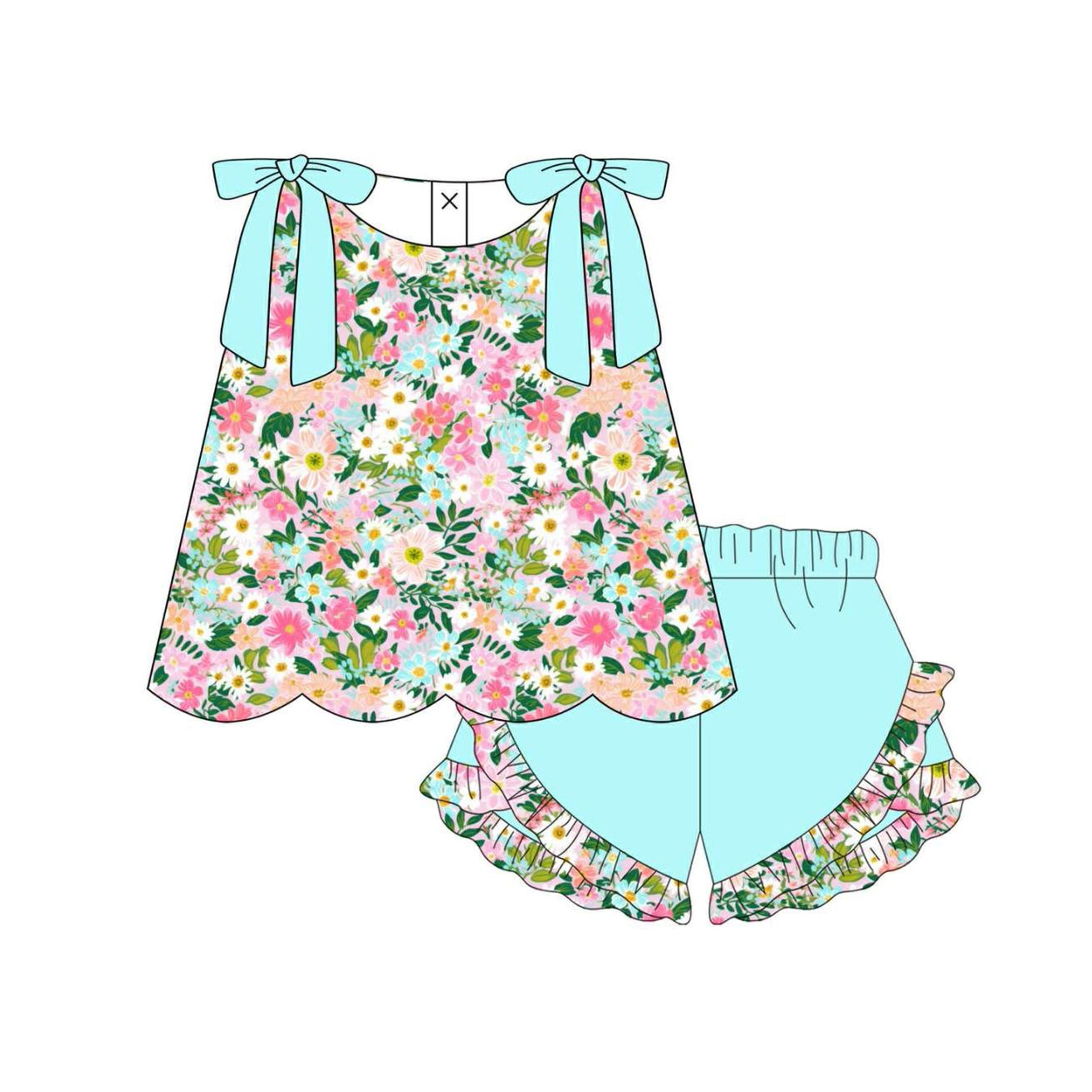 Baby Girls Colorful Floral Scallop Tunic Ruffle Short Clothes Sets Preorder