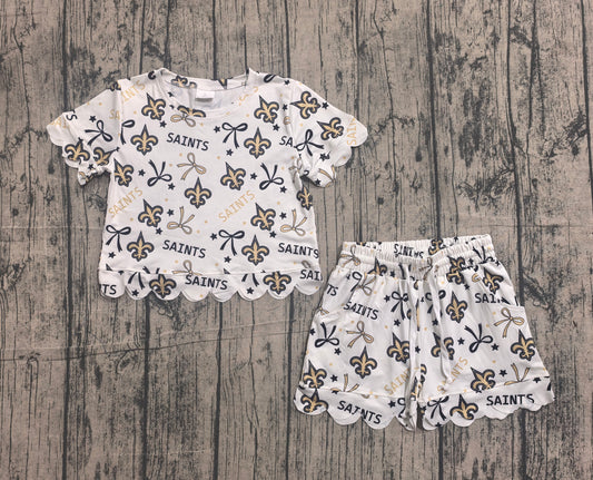 Baby Girls Star Bows Saints Top Pockets Short Team Scallop Clothes Sets