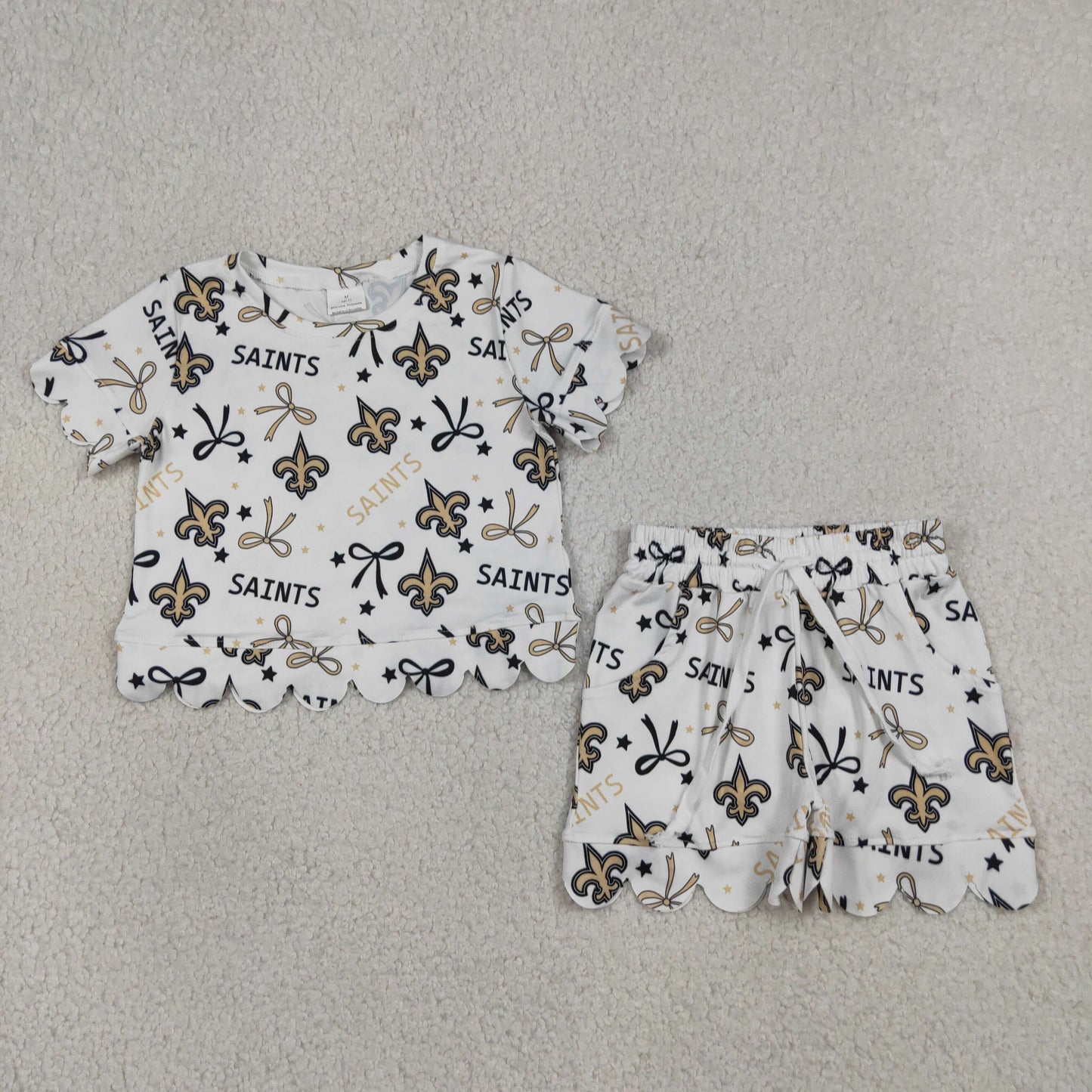 Sibling Baby Girls Bows Team Top Pockets Short Scallop Clothes Sets