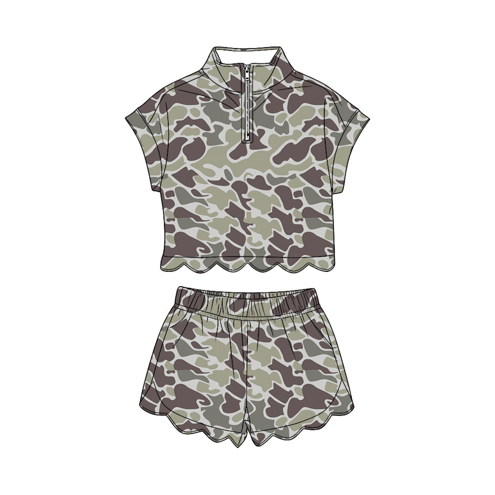Baby Girls Southern Grey Camo Zipper Top Scallop Short Clothes Sets Preorder
