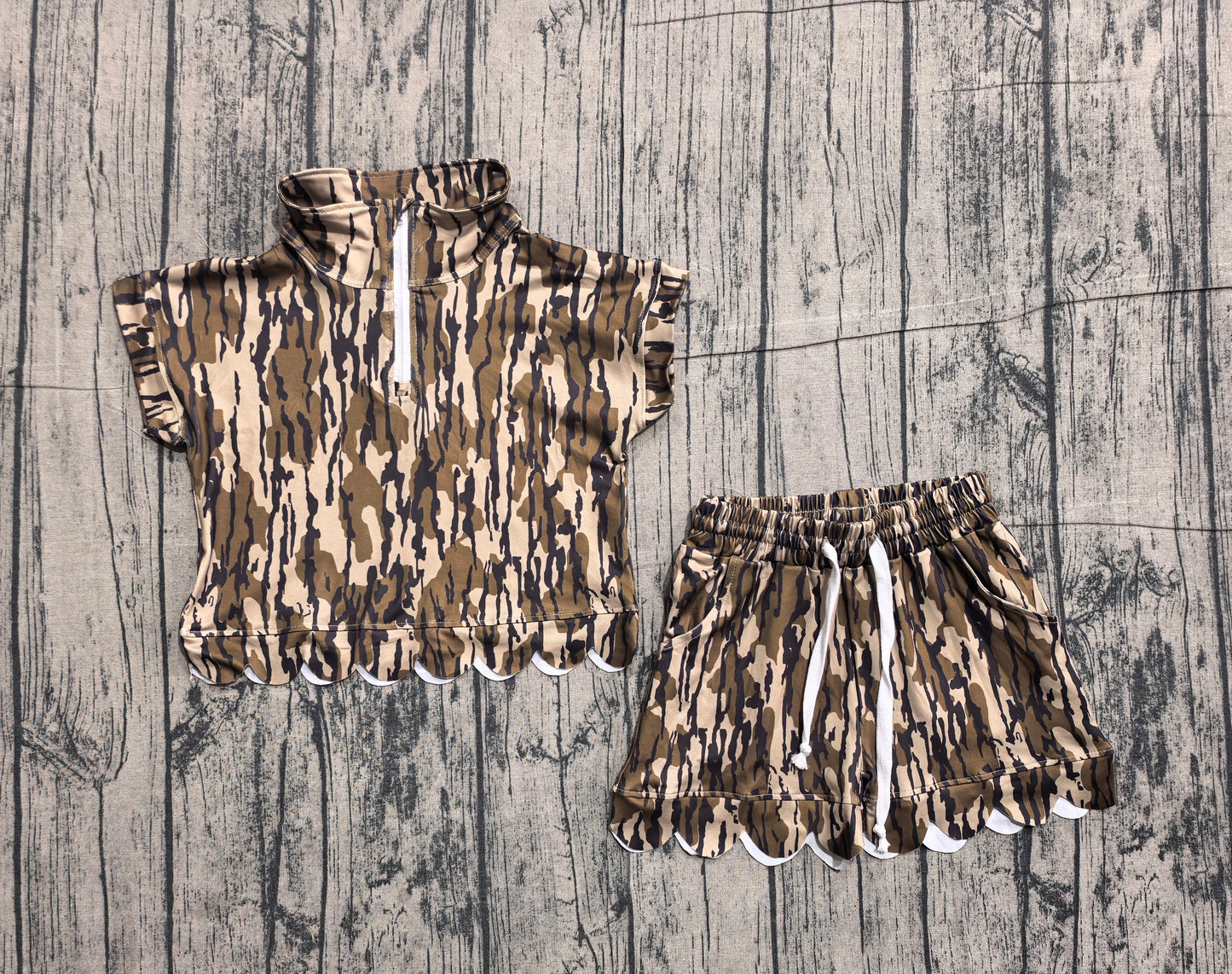Baby Girls Southern Olive Wood Camo Zip Top Pockets Short Scallop Clothes Sets