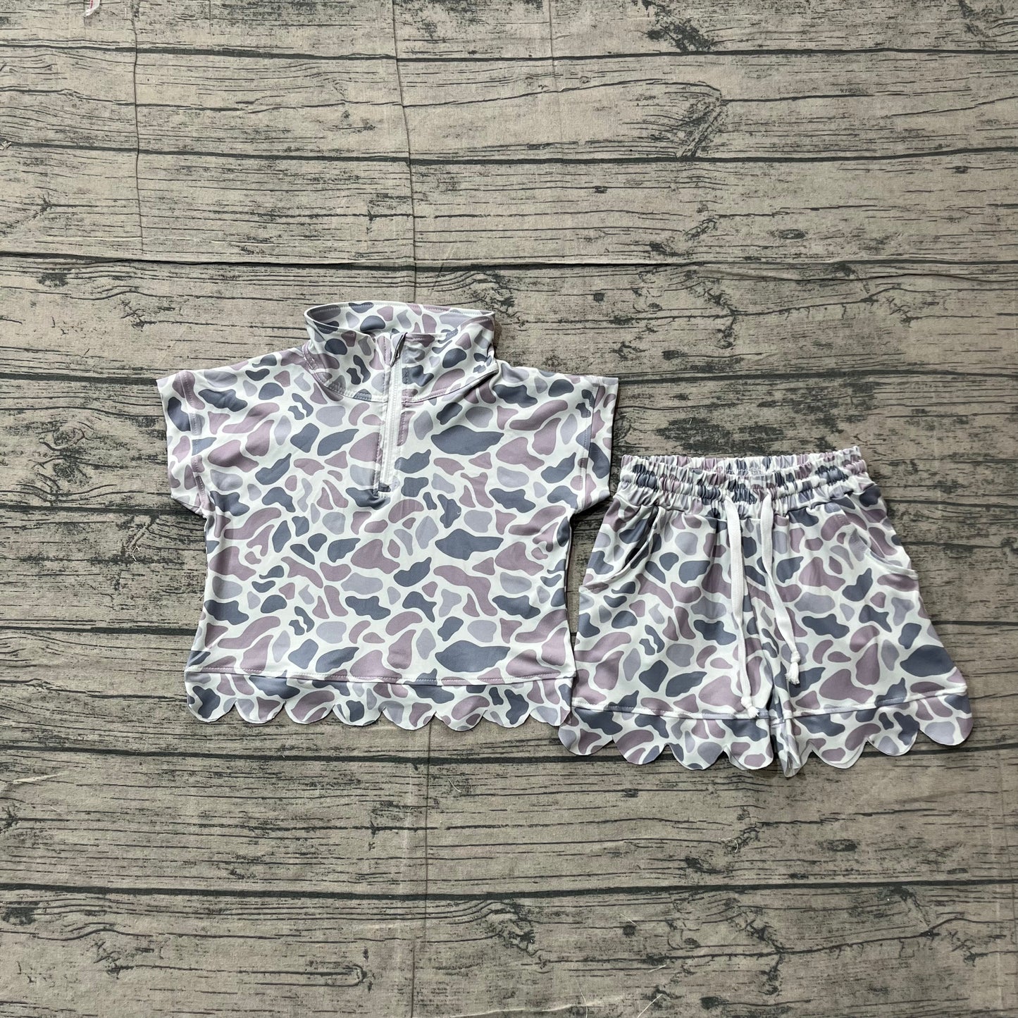 Baby Girls Southern Light Grey Camo Zip Top Pockets Short Scallop Clothes Sets