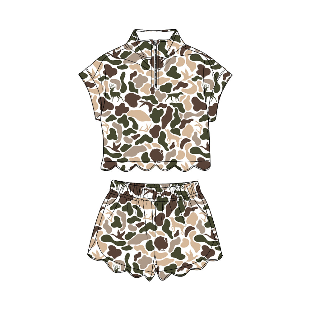 Baby Girls Dog Ducks Camo Zipper Top Scallop Short Hunting Clothes Sets Preorder