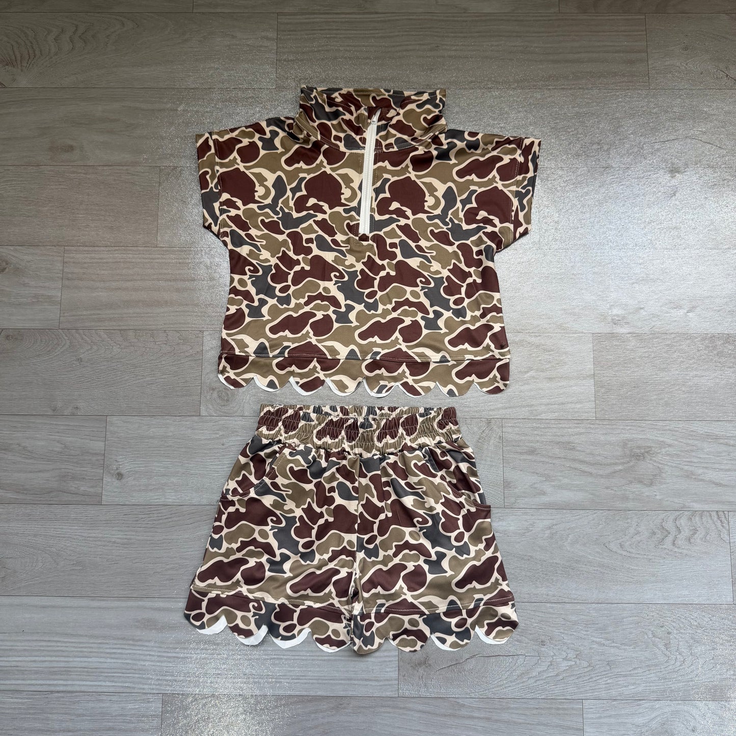 Baby Girls Southern Dark Khaki Camo Zip Top Pockets Short Scallop Clothes Sets