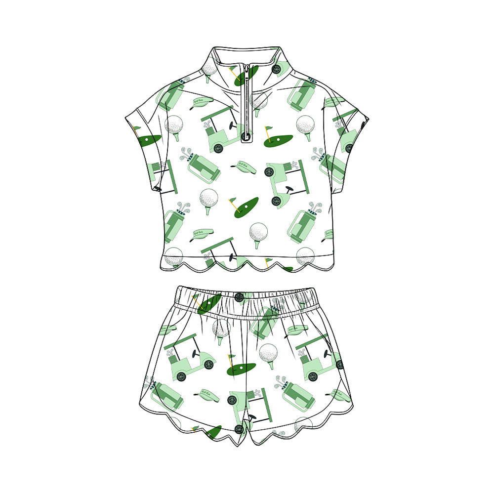 Baby Girls Green Golf Trucks Zipper Top Scallop Short Clothes Sets Preorder