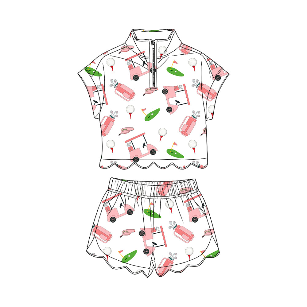 Baby Girls Pink Golf Trucks Zipper Top Scallop Short Clothes Sets Preorder