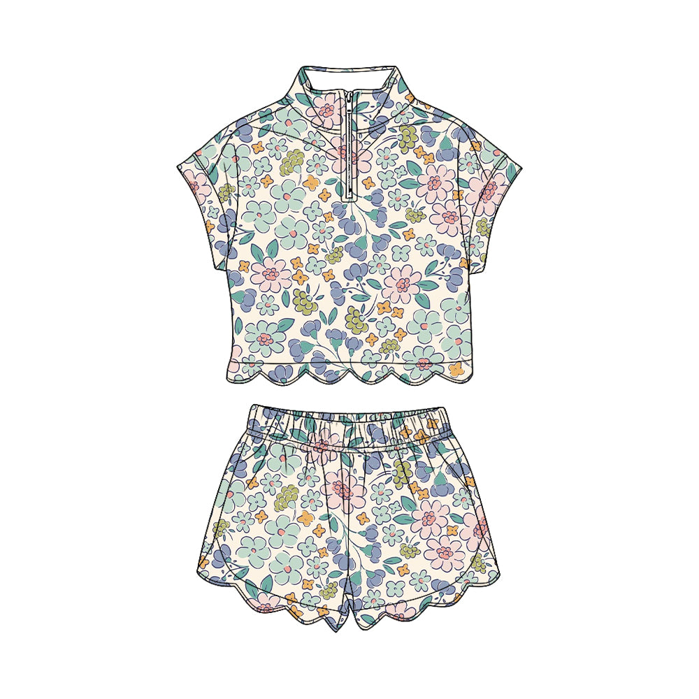 Baby Girls Colorful Flowers Zipper Top Scallop Short Clothes Sets Preorder