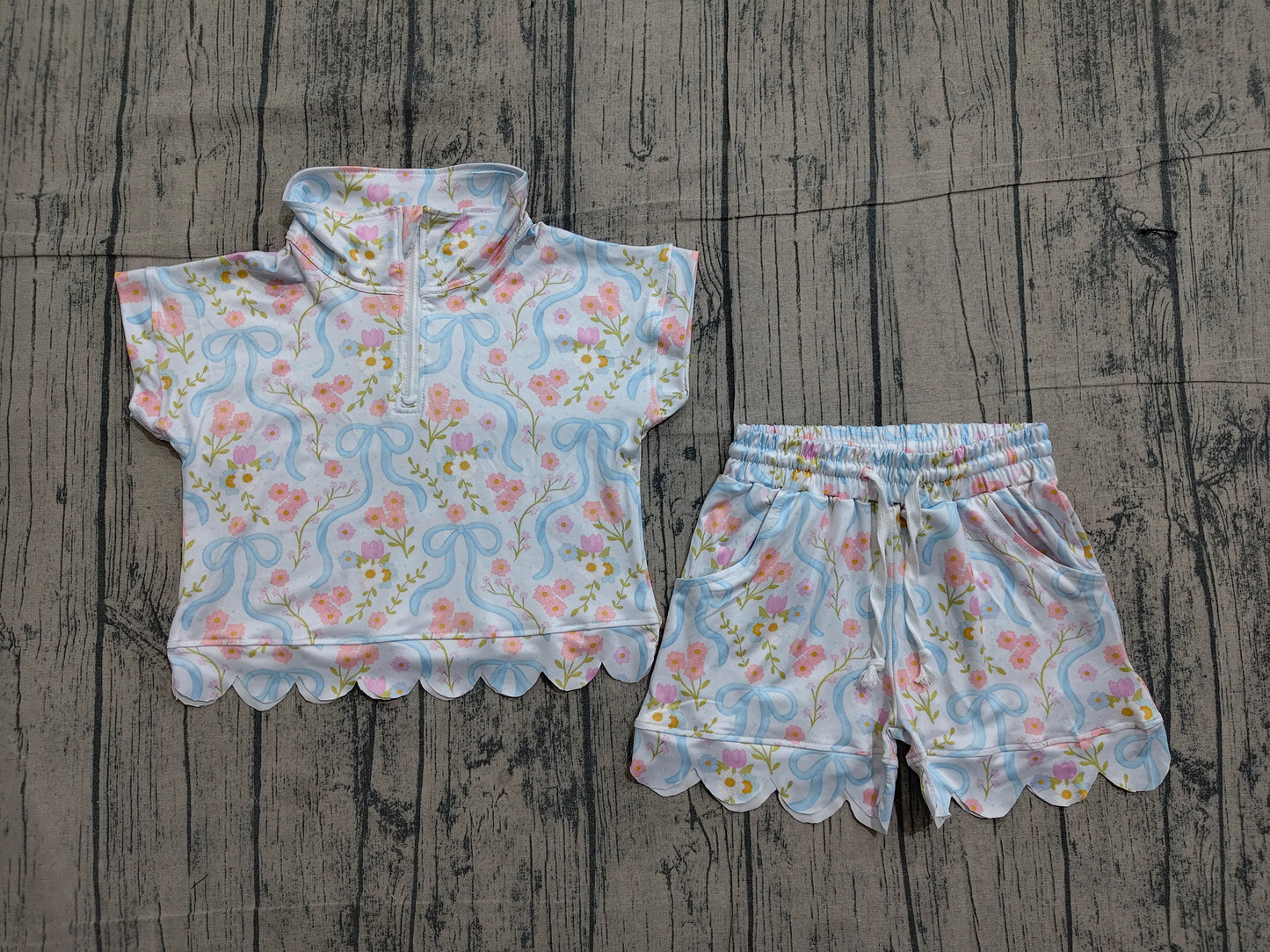 Baby Girls Bows Flowers Zip Pullovers Top Pockets Short Scallop Clothes Sets