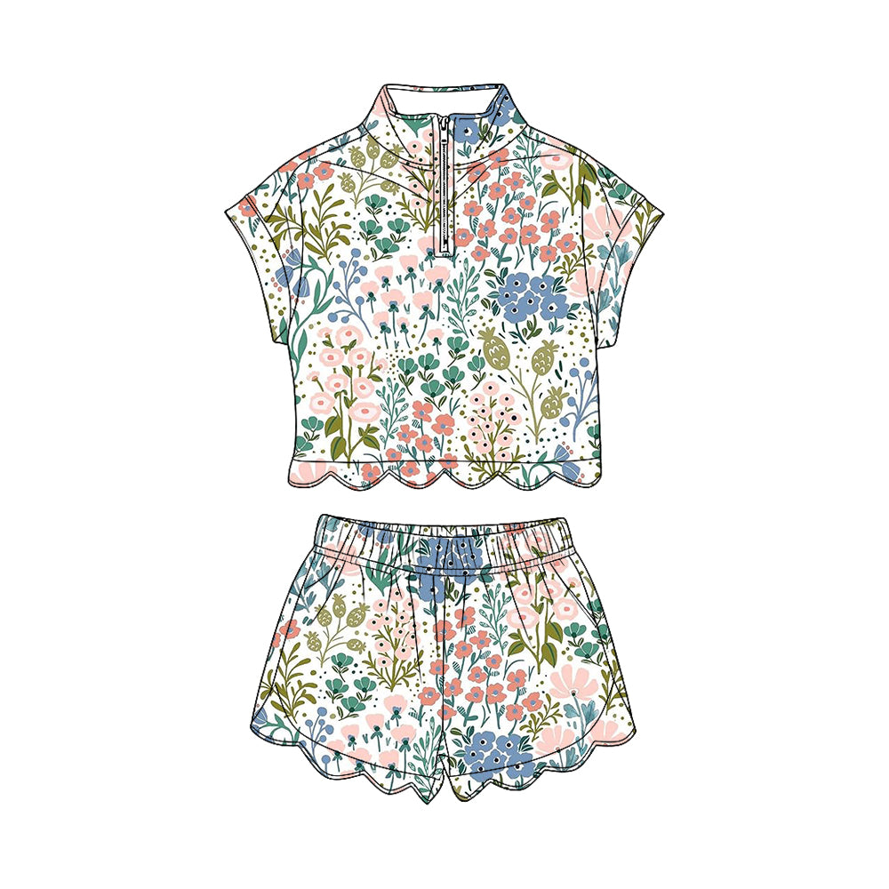 Baby Girls Colorful Flowers Zipper Top Scallop Short Clothes Sets Preorder