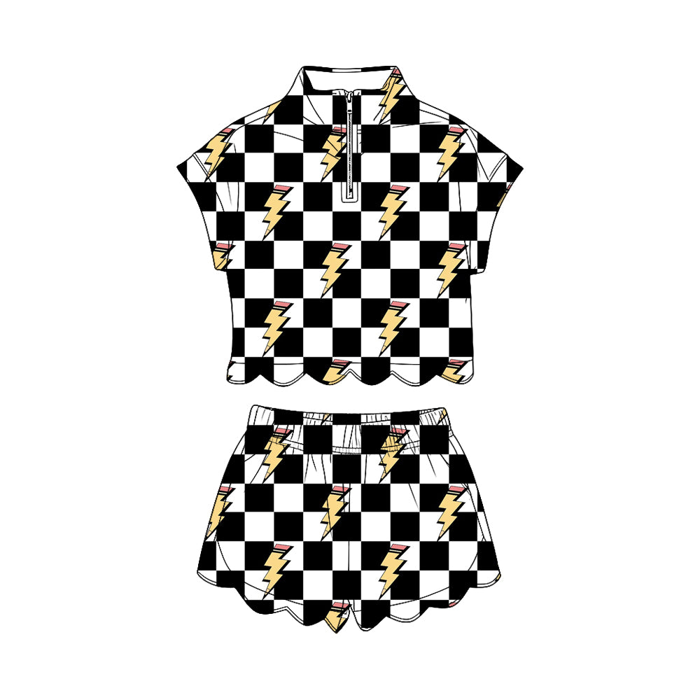 Baby Girls Black Checked Lightnings Zipper Top Scallop Short Clothes Sets Preorder