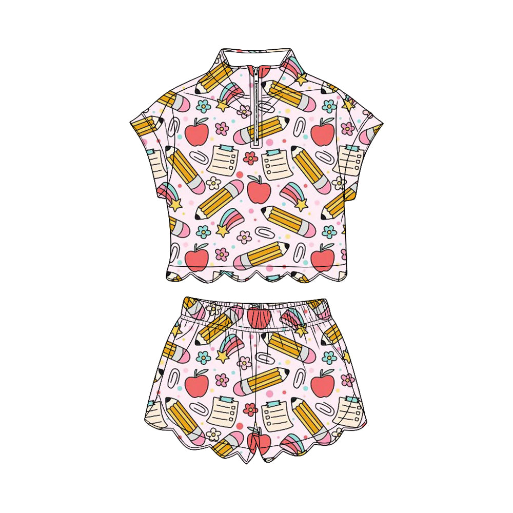 Baby Girls Pencils Flowers Zipper Top Scallop Short 4th of July Clothes Sets Preorder