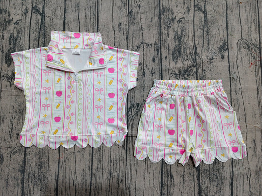 Baby Girls Pencils Flowers Zipper Top Scallop Short 4th of July Clothes Sets Preorder