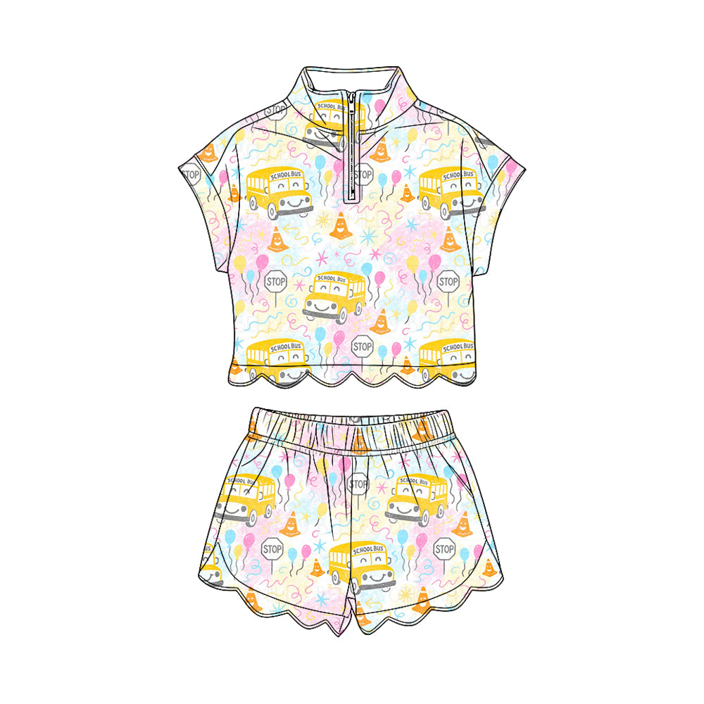 Baby Girls Balloons Bus Zipper Top Scallop Short 4th of July Clothes Sets Preorder