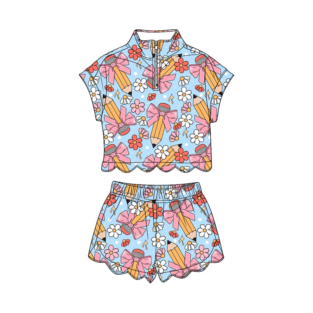 Baby Girls Pencils Flowers Zipper Top Scallop Short 4th of July Clothes Sets Preorder