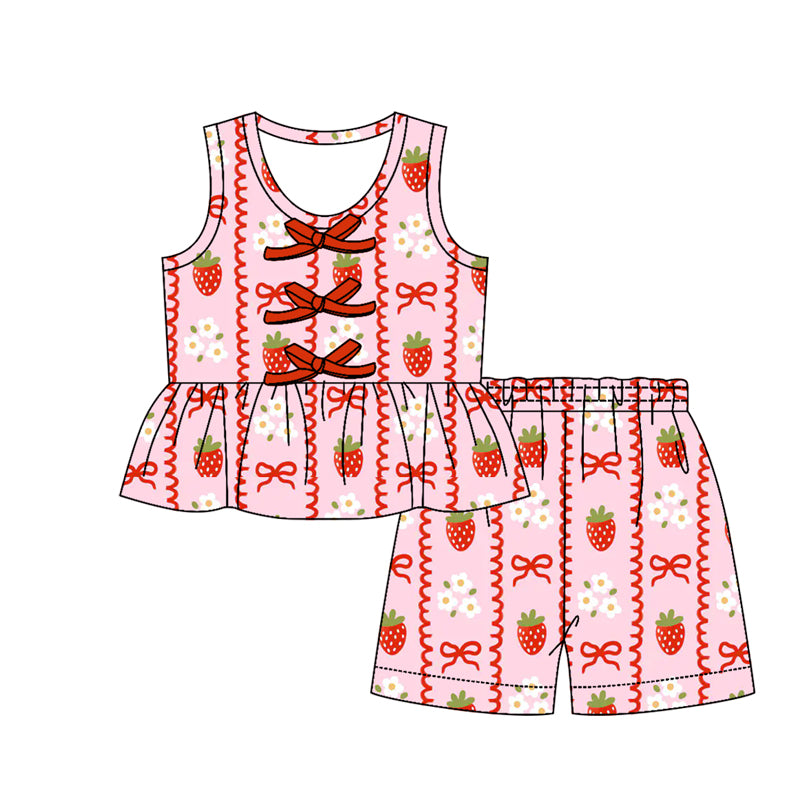 Baby Girls Sleeveless Strawberry Flowers Button Tunic Short Clothes Sets Preorder