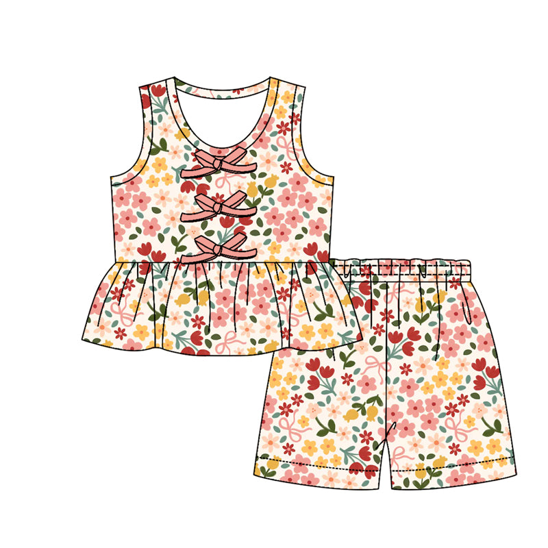 Baby Girls Sleeveless Colorful Flowers Button Tunic Short Clothes Sets Preorder