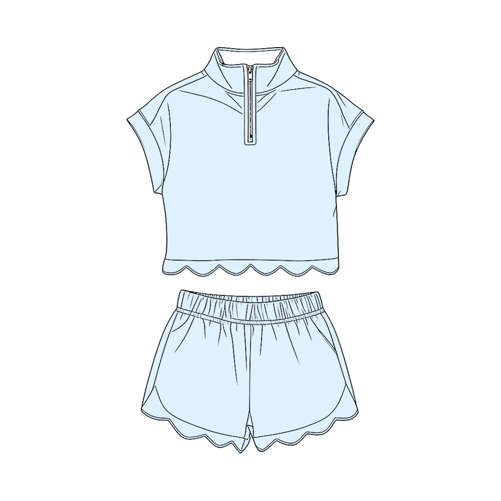 Baby Girls Light Blue Zipper Top Scallop Short Clothes Sets Preorder