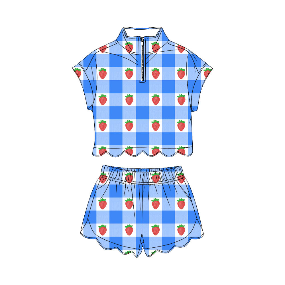 Baby Girls Blue Checked Strawberry Zipper Top Short Scallop Clothes Sets Preorder