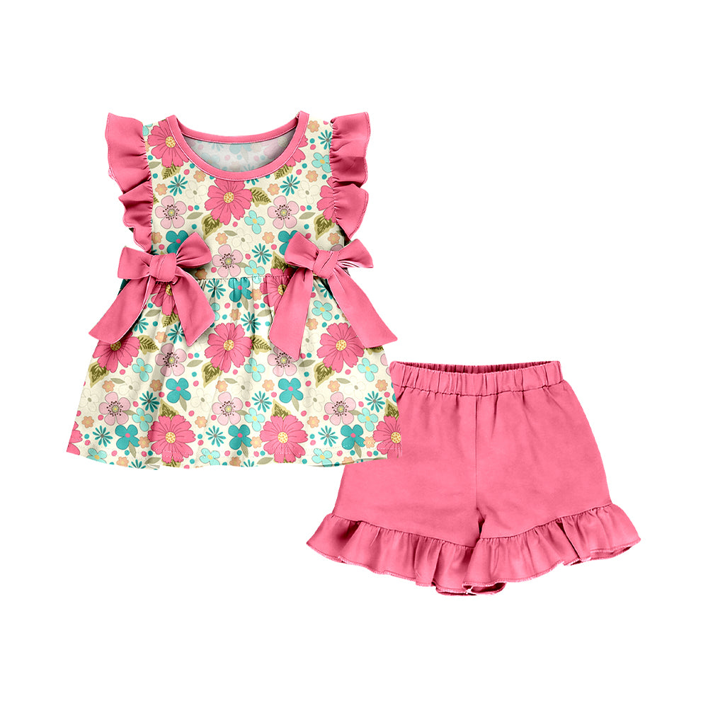 Baby Girls Flutter Sleeve Colorful Flowers Tunic Ruffle Shorts Clothes Sets Preorder