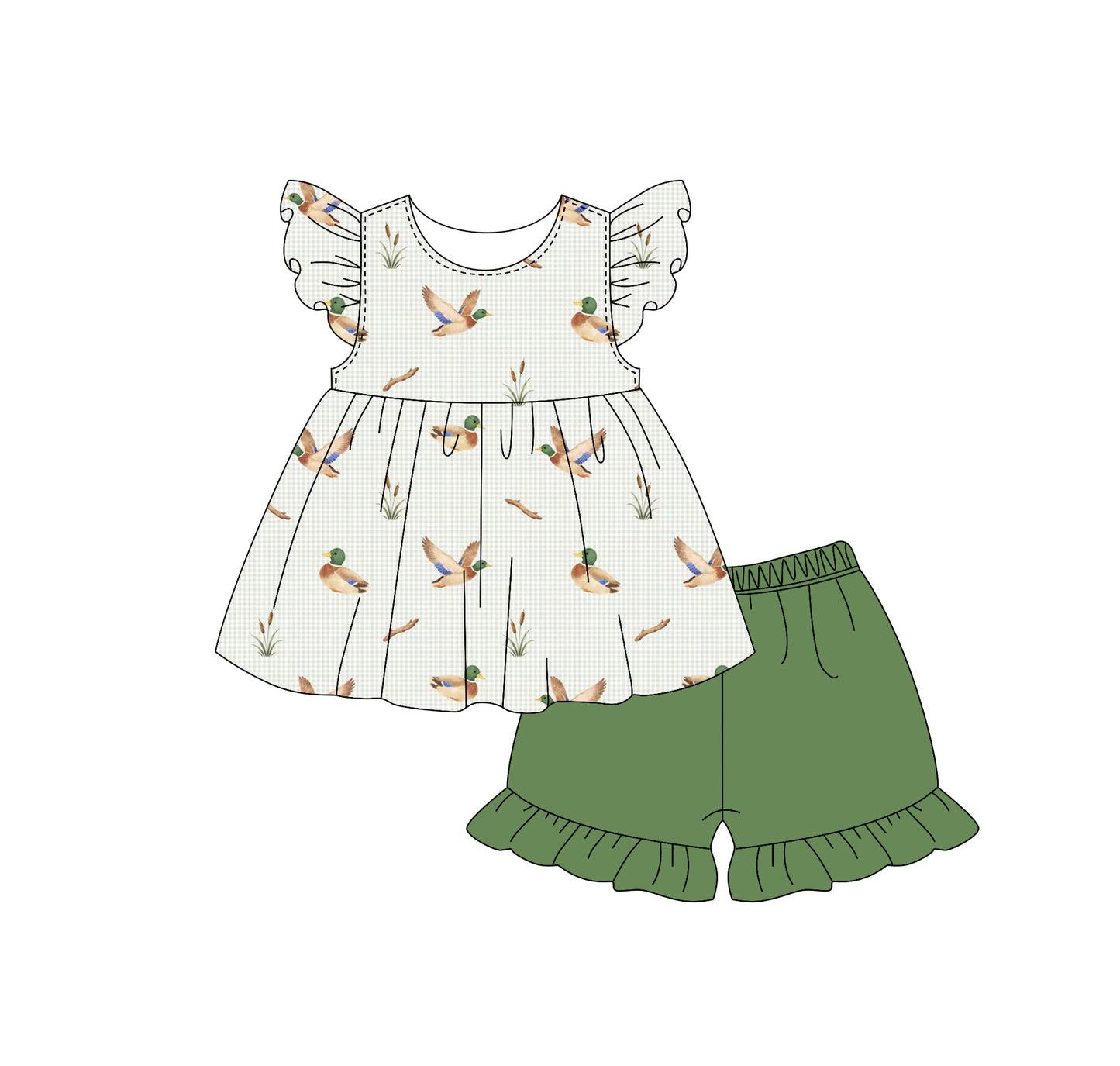Baby Girls Flutter Sleeve Ducks Tunic Ruffle Shorts Hunting Clothes Sets Preorder