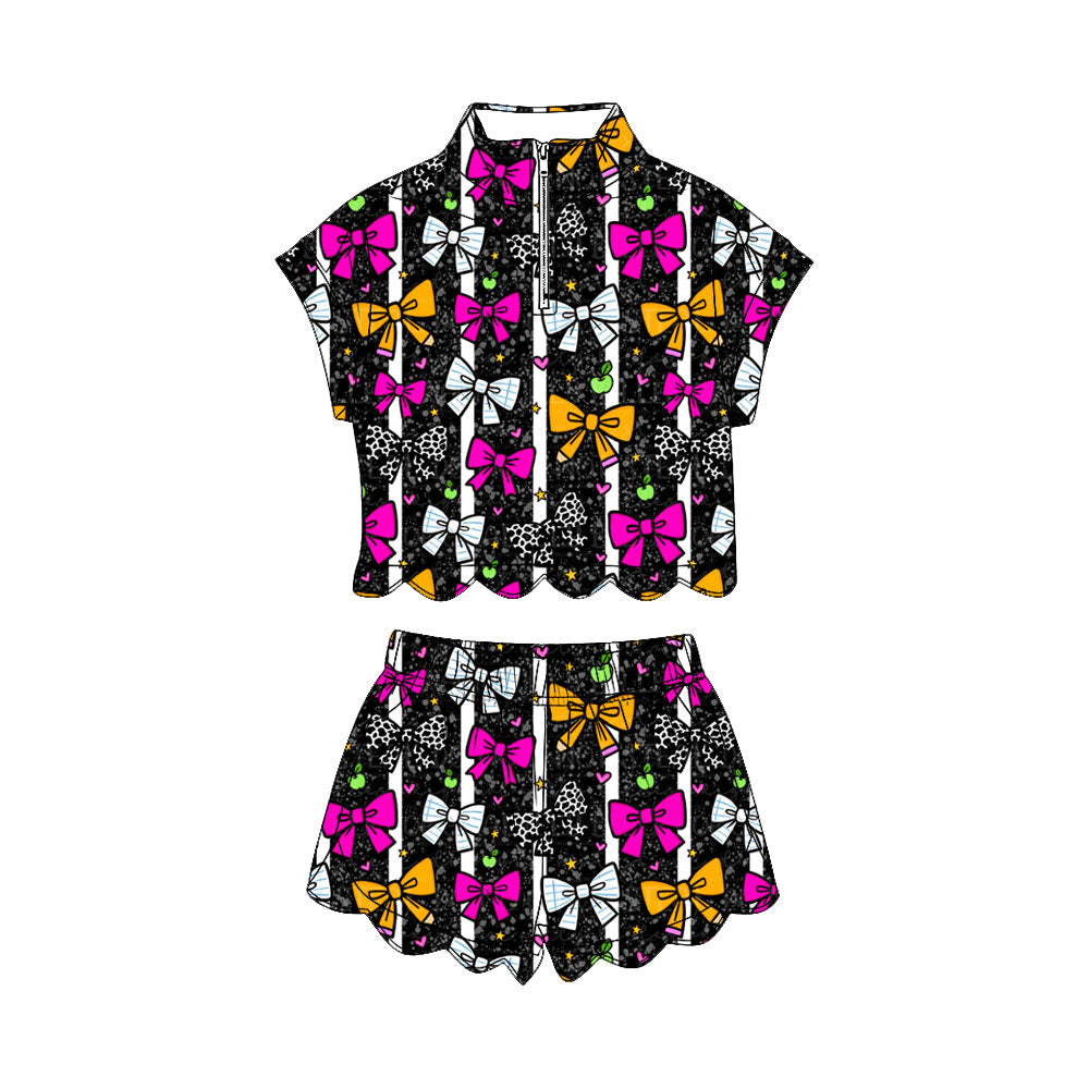 Baby Girls Pencil Bows Zipper Top Short Scallop Back to School Clothes Sets Preorder