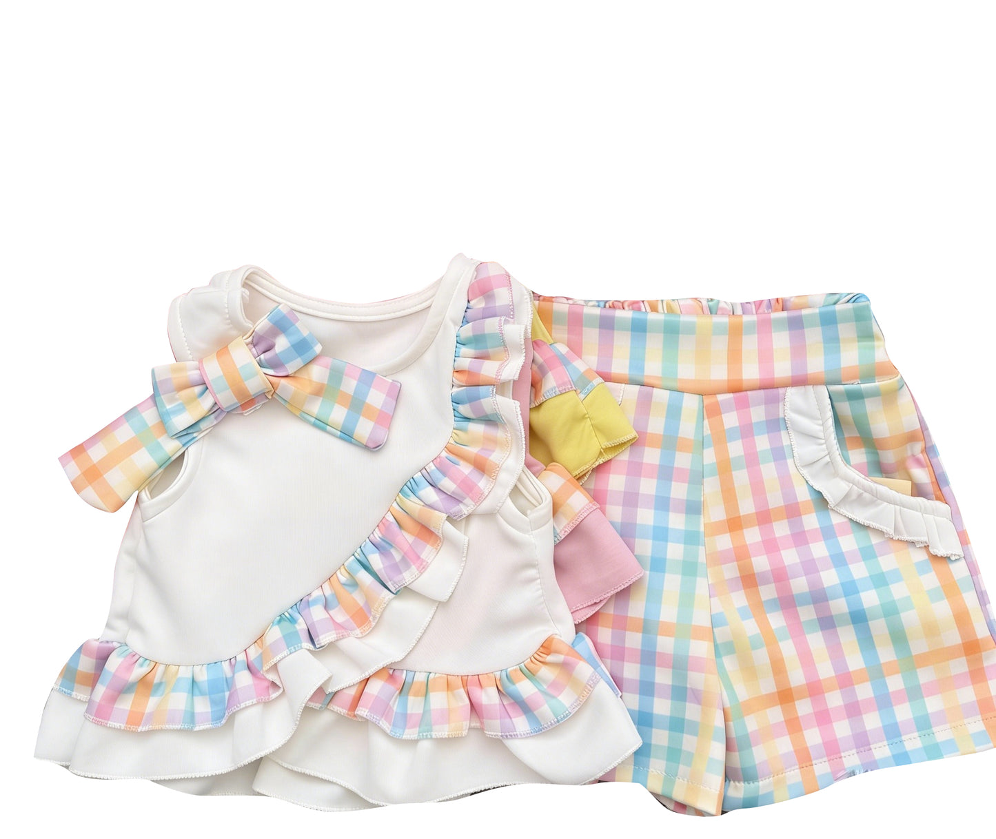 Baby Girls Sleeveless Colorful Checked Tunic Pockets Shorts Clothes Sets Preorder