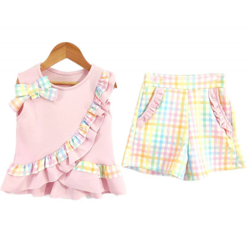 Baby Girls Sleeveless Colorful Checked Tunic Pockets Shorts Clothes Sets Preorder