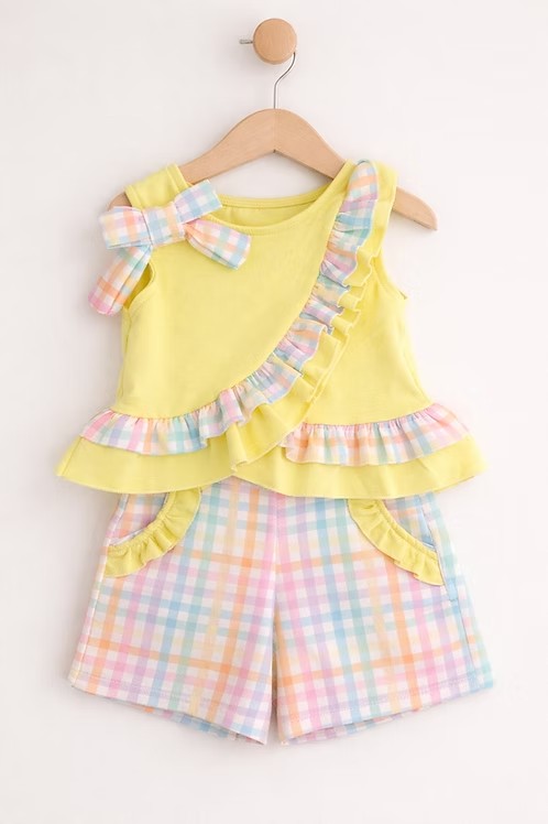 Baby Girls Sleeveless Colorful Checked Tunic Pockets Shorts Clothes Sets Preorder
