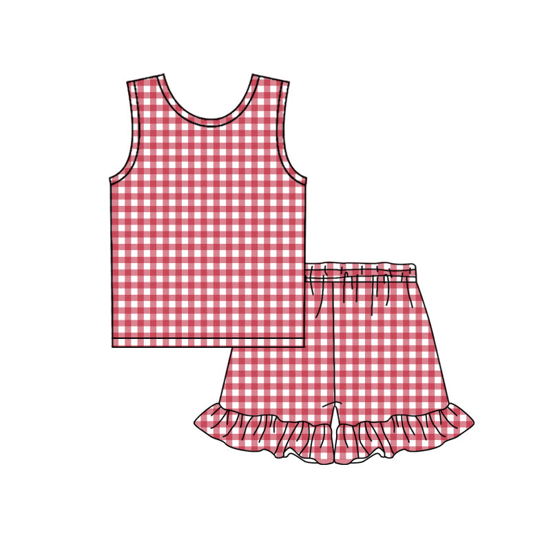 Baby Girls Sleeveless Red Checked Top Ruffle Shorts Clothes Sets Preorder