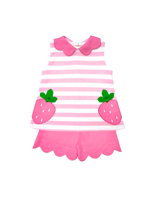 Baby Girls Pink Stripe Strawberry Collar Tunic Scallop Shorts Clothes Set Preorder