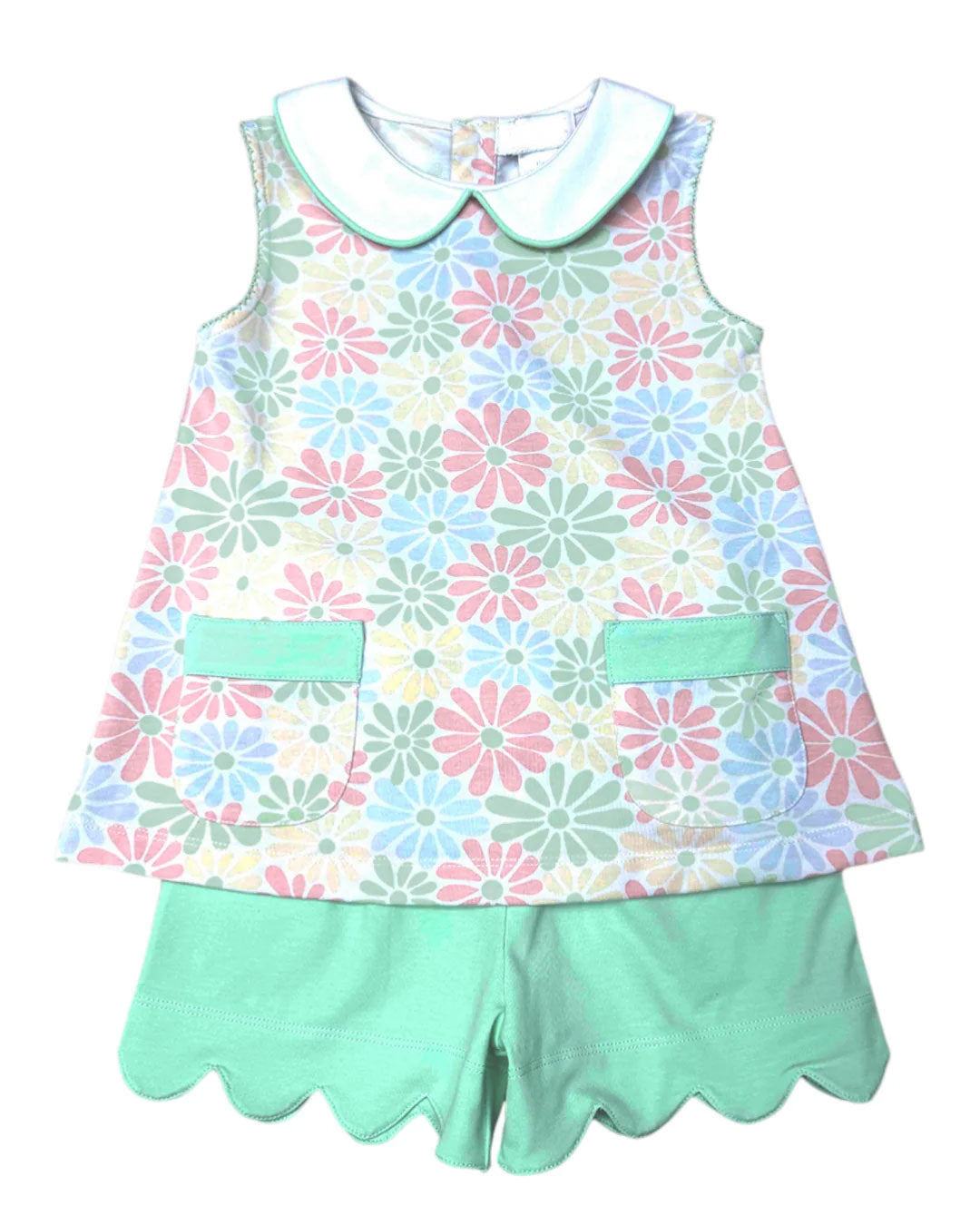 Baby Girls Colorful Daisy Collar Pockets Tunic Scallop Shorts Clothes Set Preorder