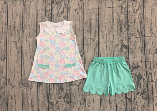 Baby Girls Colorful Daisy Collar Pockets Tunic Scallop Shorts Clothes Set