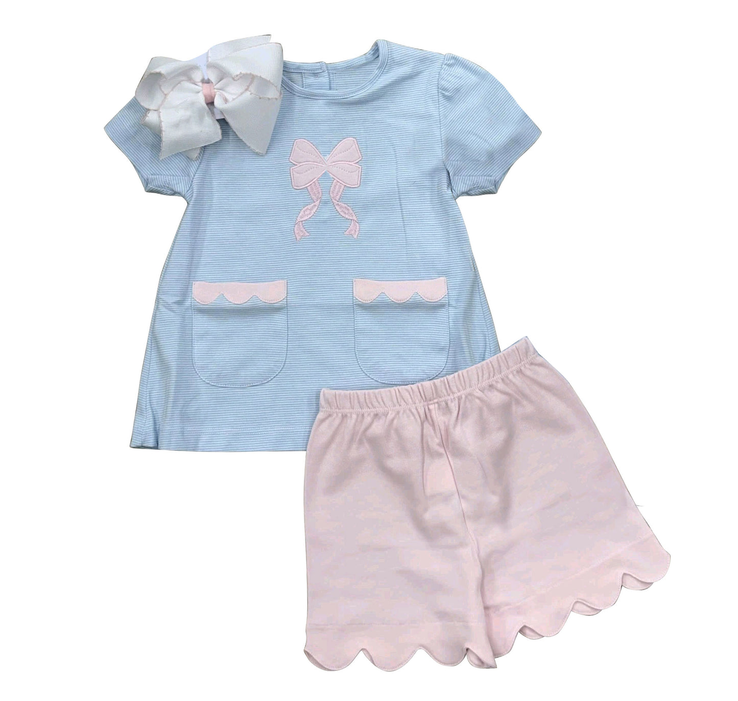 Baby Girls Blue Stripe Bows Pockets Tunic Scallop Shorts Clothes Set Preorder