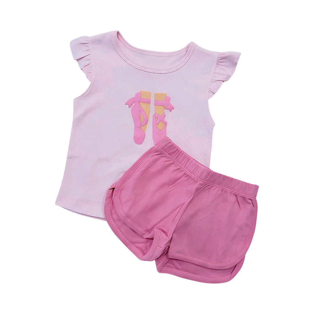 Baby Girls Pink Flutter Sleeve Bows Shoes Tunic Shorts Clothes Set Preorder