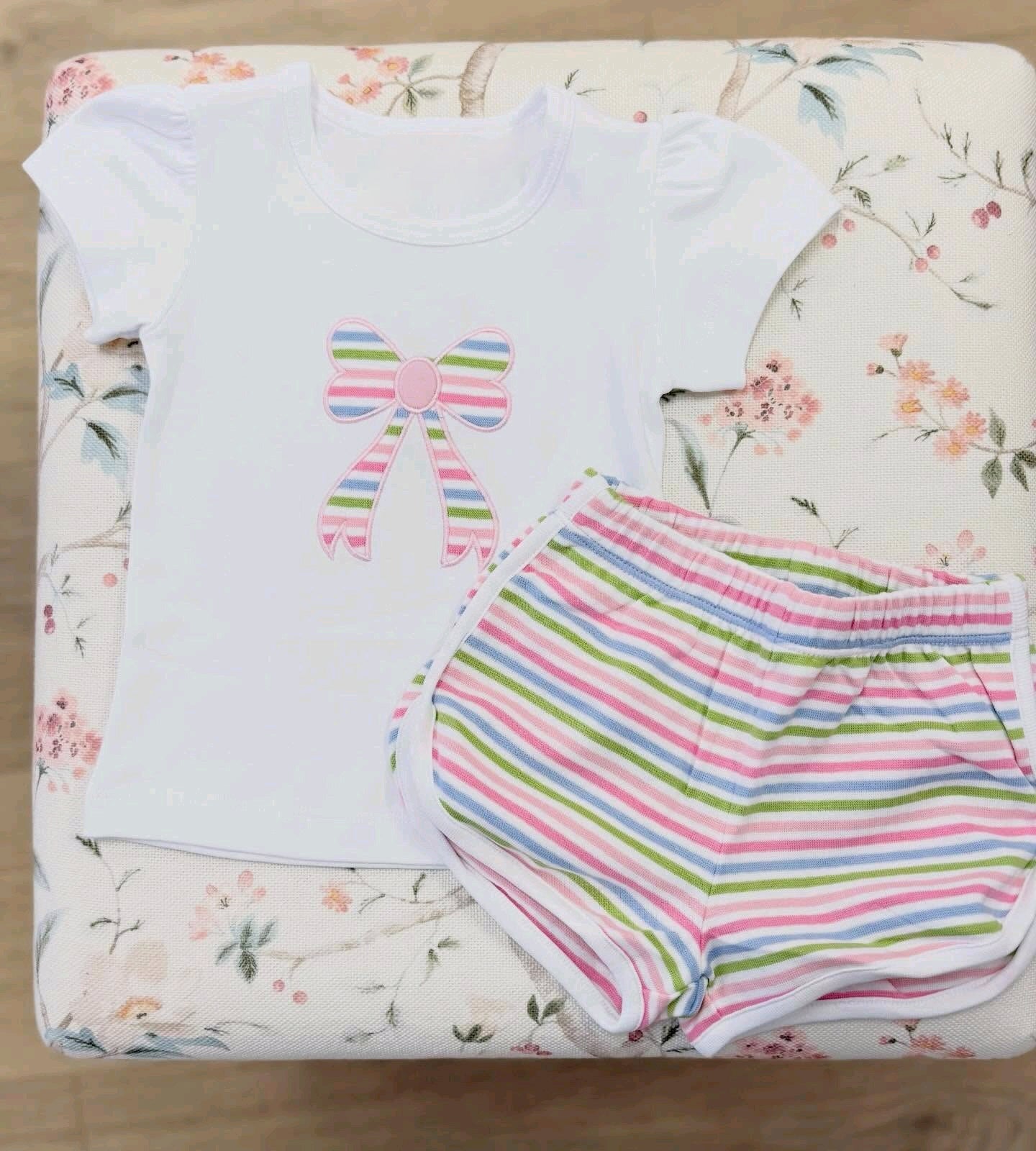 Baby Girls Short Sleeve Colorful Stripe Bows Top Shorts Clothes Set Preorder