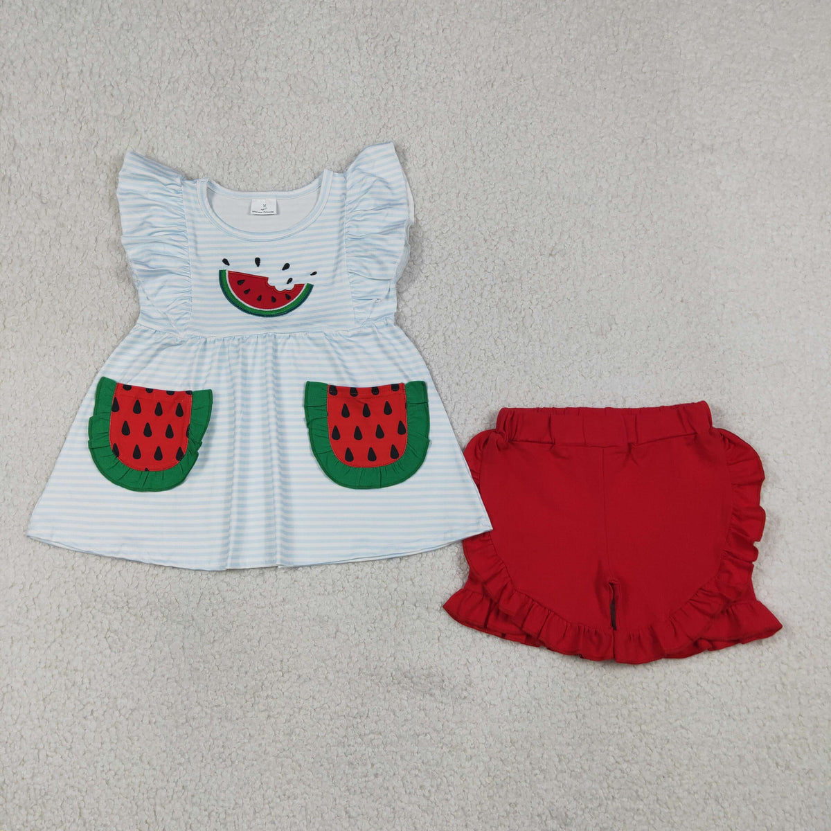 Sibling Baby Girls Embroidery Watermelons Pockets Tunic Ruffle Short Clothes Set Rompers