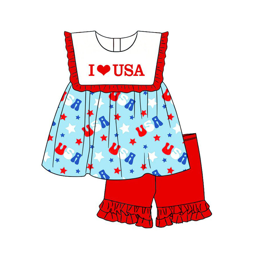 Baby Girls I Love USA Stars Tunic Ruffle Short 4th of July Clothes Sets Preorder